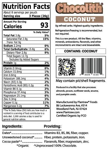 Chocolith® - Coconut (7.2 oz). 0g refined carbs. Vegan, Paleo, Gluten free.