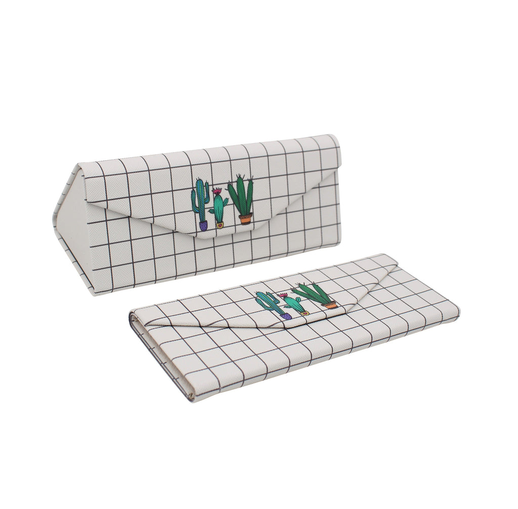 Grid Cactus Print Glasses Case - Vegan Leather Magic Folding Hardcase
