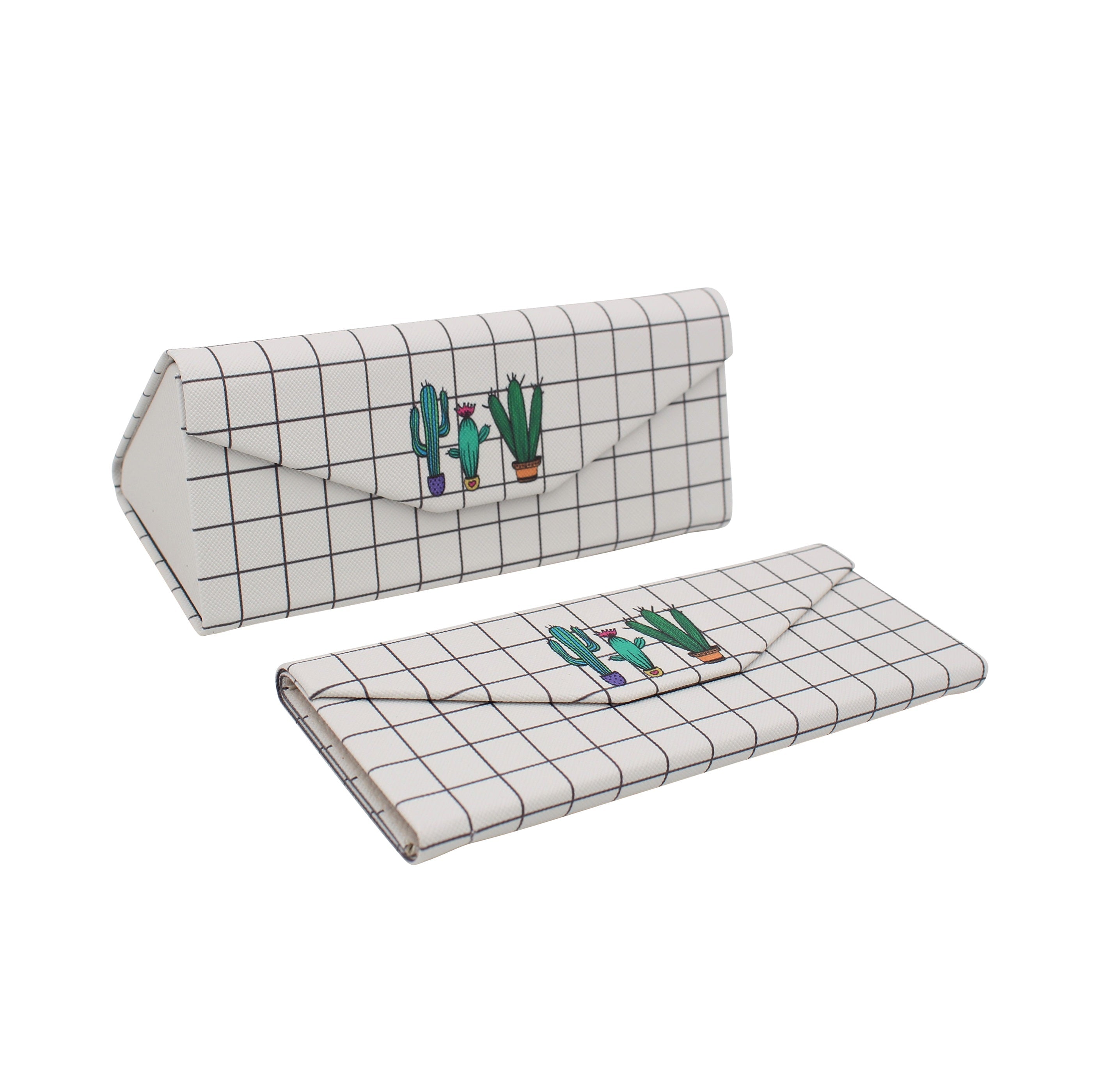 Grid Cactus Print Glasses Case - Vegan Leather Magic Folding Hardcase
