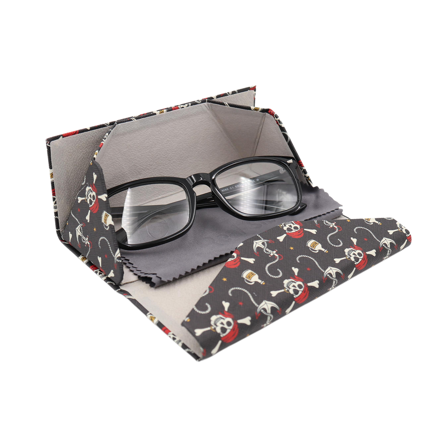 Pirate Skully / Jolly Roger Print Glasses Case - Vegan Leather Magic Folding Hard Case