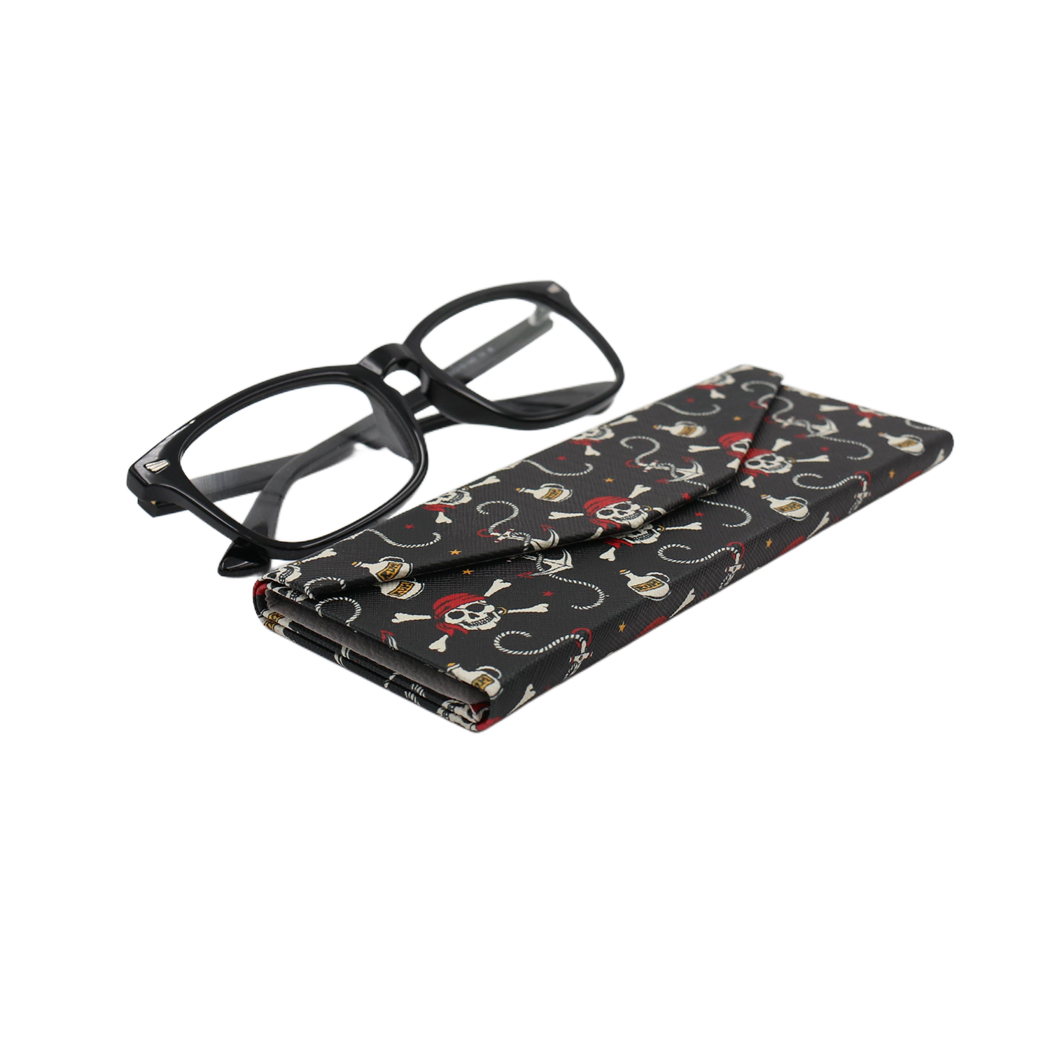 Pirate Skully / Jolly Roger Print Glasses Case - Vegan Leather Magic Folding Hard Case