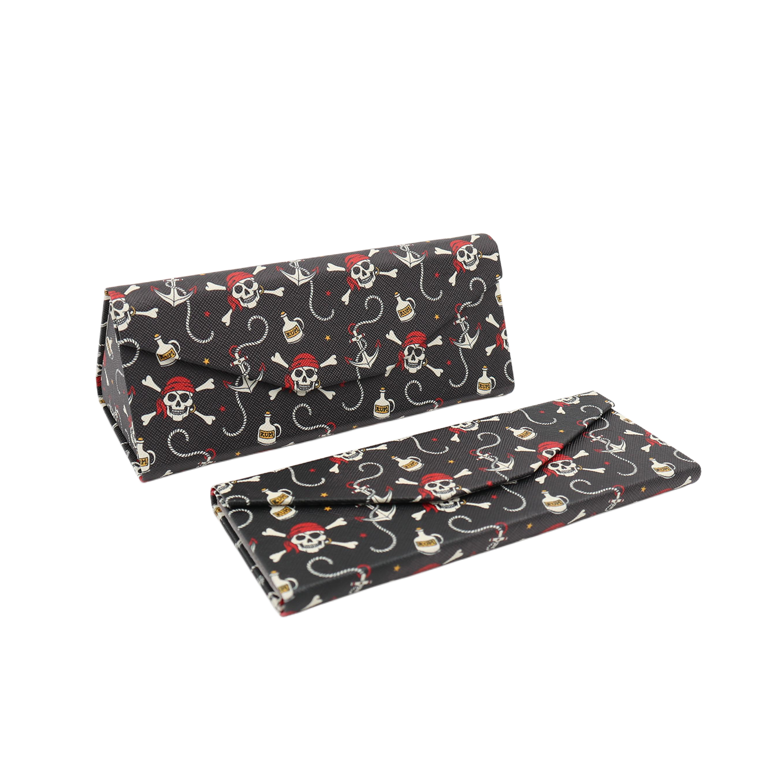 Pirate Skully / Jolly Roger Print Glasses Case - Vegan Leather Magic Folding Hard Case