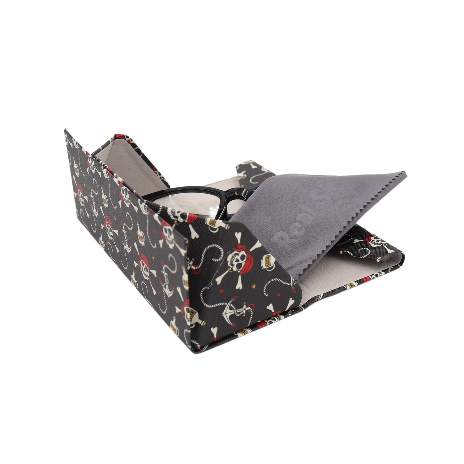 Pirate Skully / Jolly Roger Print Glasses Case - Vegan Leather Magic Folding Hard Case